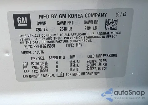 2015 Chevrolet Trax 1Ls from USA, damaged, VIN KL7CJPSB4FB215988